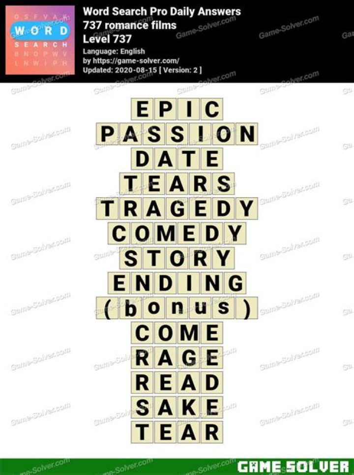 Word Search Pro 737 romance films Answers